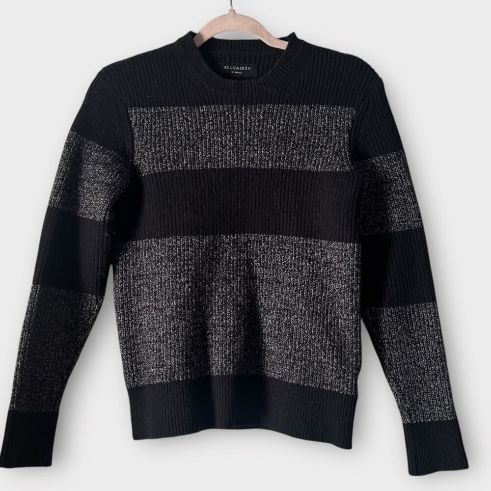 All Saints Laven Crew Wool Blend Sweater in Black and Gray Stripes XS
